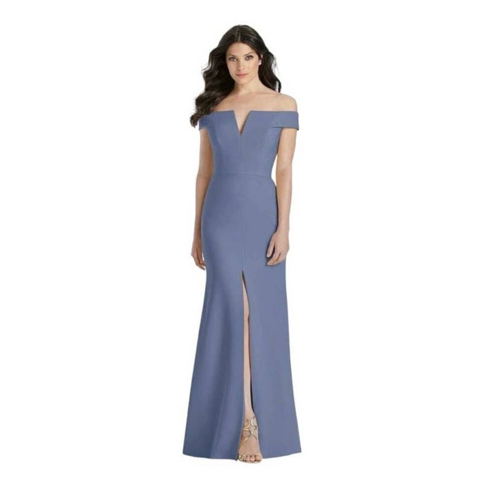 NWT Dessy Collection Off The Shoulder Notch Trumpet Gown‎ Larkspur Blue Sz 8